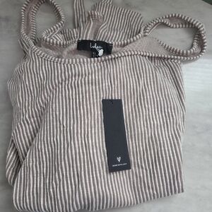 Lulu's Summer Perfection Taupe and Ivory Striped Ribbed Midi Dress Size Small